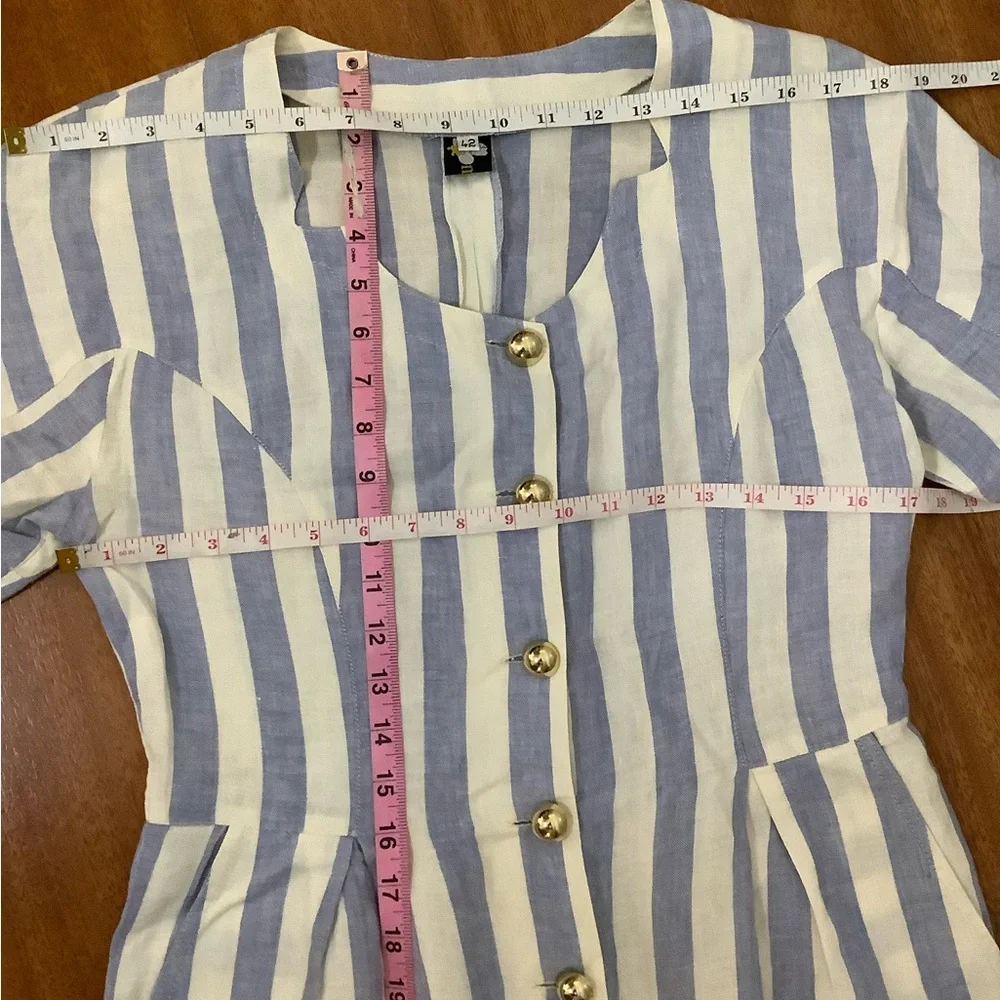 Elegant Linen Chunky Gold Button Blue and White Striped Midi Dress VTG - Picture 9 of 13